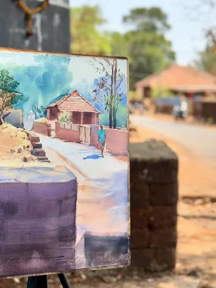 The finished 22"x15" watercolour landscape from my demonstration in Devrukh, set against the actual location.