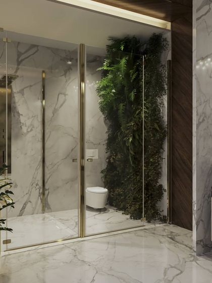 A full tour of a luxurious master bathroom, featuring a freestanding tub, a walk-in shower with a green wall, and a vanity area. The renders highlight the tropical-themed wallpaper and the elegant mix of marble, wood, and gold.