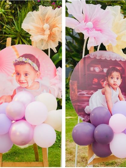 Personalized photo displays on easels, a sweet way to share memories at Hitanshi's party.