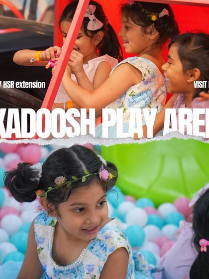 A collage of happy girls playing in the fire truck and ball pit. Skadoosh is a place where friendships are made and joyful memories are crafted.