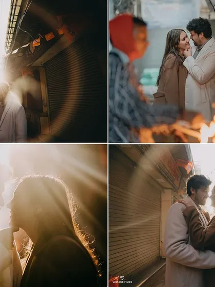 A collage of intimate moments captured with dramatic sun flares in the narrow lanes of Old Delhi. This showcases our creative use of natural light to create warm, romantic images.