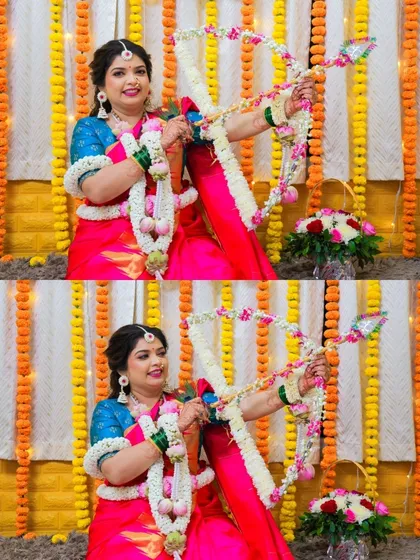 The mother-to-be participating in a traditional Dohale Jevan ritual with a floral bow and arrow, symbolizing blessings for the child.