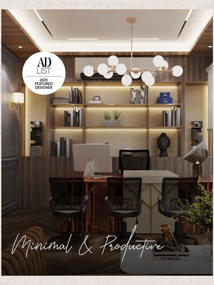 Where functionality meets form. This minimal and productive workspace design is all about clean lines, muted tones, and focused productivity, with ample storage and elegant lighting.