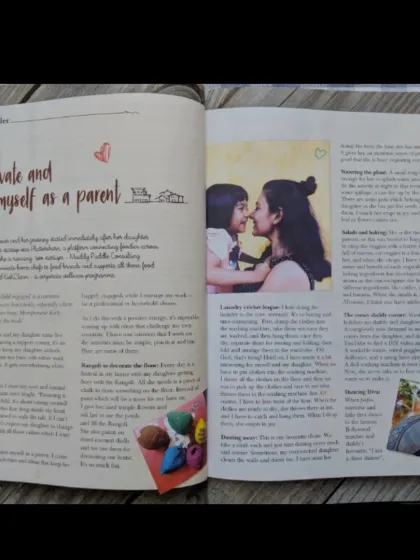This magazine feature captures a beautiful moment with my daughter. It speaks to my journey of innovating and raising myself as a parent, a path that is deeply intertwined with my wellness philosophy.