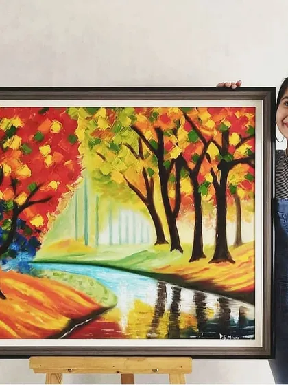 This vibrant autumn landscape was created entirely with a palette knife, a technique I use to build rich texture and energy. It was a special commission for Dr. Arokiaswamy Velumani, founder of Thyrocare.