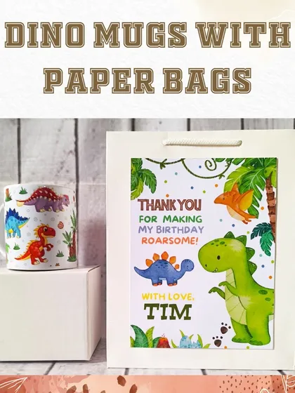 Here is a single dinosaur mug paired with its custom-designed paper bag. The bag features a thank you message and the birthday boy's name.