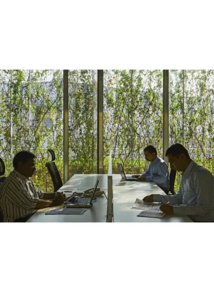 At the ATE office in Ahmedabad, employees work alongside a screen of green. This direct visual connection to nature is a core principle of my biophilic design philosophy, intended to reduce stress and improve focus.