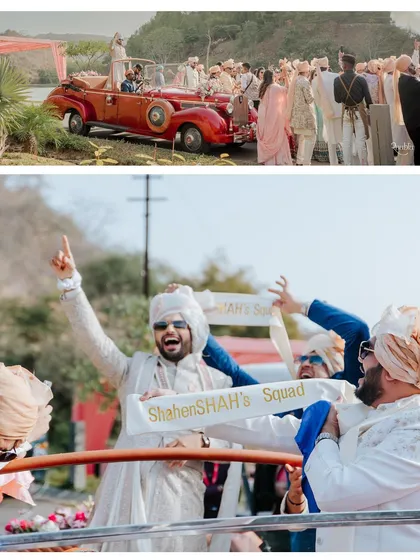 The groom's squad, or 'ShahenSHAH's Squad', arrives in style in a vintage red car for the baraat. We love adding these personalized, fun touches to the celebration.