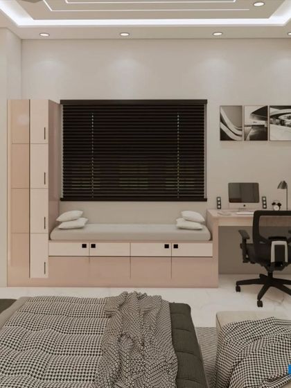 This view shows the integrated study desk and window seat in the pink-themed bedroom, highlighting its functionality.