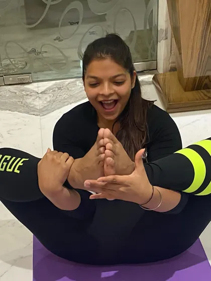 And here is the goofy smile that comes with the joy of practice. Yoga is not just serious poses, it's also about having fun and not taking yourself too seriously.