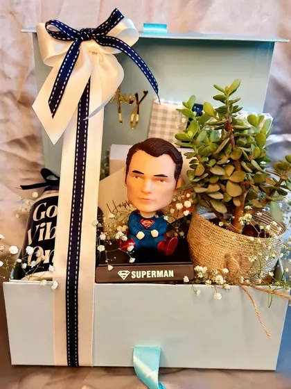 A gift for him that is both fun and thoughtful. This hamper includes a Superman bobblehead, a live plant for his desk, and other goodies in a sleek blue box.