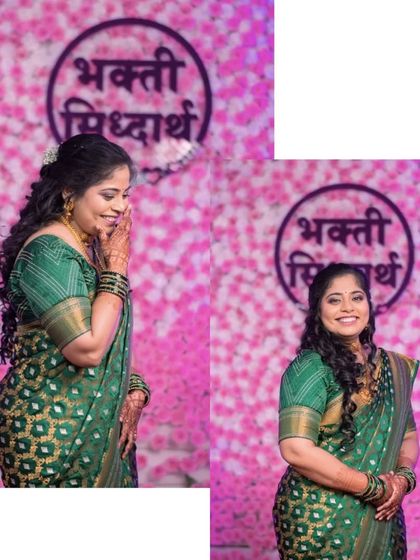 A candid and a posed portrait from Bhakti and Siddharth's engagement. This shows the shy, happy glance and the confident smile of the bride-to-be against the backdrop of their own event branding, capturing two beautiful facets of her personality.