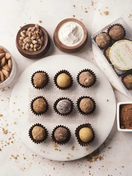 I collaborate with nutritionist Suman Agarwal to create laddoos that are more than just mithai. This platter showcases my power-packed bites, each designed with specific health benefits, from ragi for joint health to cocoa walnut for brain fuel.