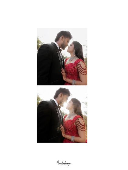 A diptych of the couple sharing a near-kiss, backlit by the sun. This collage emphasizes the romantic tension and beauty of the moment.