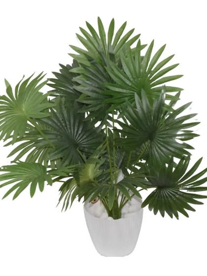 This is a realistic artificial fan palm plant in a simple white pot. It's a great choice for adding a tropical feel to an indoor space without worrying about sunlight or watering.