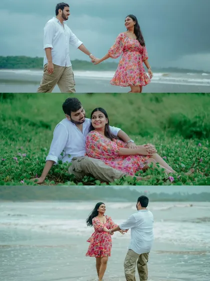 This collage captures the full story of a monsoon romance. It shows Akshata and Sidhant enjoying the beach, the greenery, and each other's company.