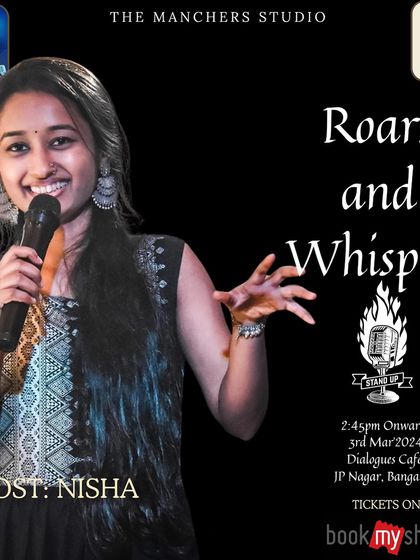 The event poster for "Roars and Whispers," our Women's Day special open mic for stand-up, poetry, and storytelling.