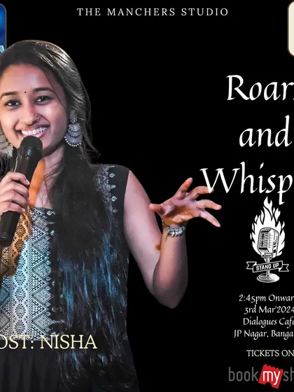 The event poster for "Roars and Whispers," our Women's Day special open mic for stand-up, poetry, and storytelling.
