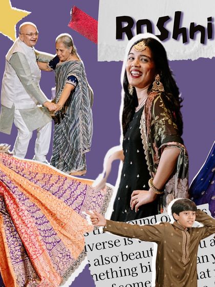 A collage celebrating the beautiful moments from Roshni and Parth's sangeet. It captures the joy of everyone, from the grandparents dancing to the bride's radiant smile.