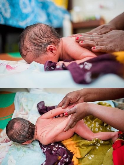 Two angles of a newborn's massage, showing the process and the baby's calm response. Our documentary approach ensures these authentic moments are preserved.