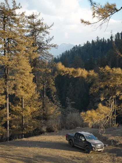 An Isuzu D-Max pickup truck is parked in a sunlit clearing in the mountains, surrounded by golden-hued trees. This photo showcases the vehicle's utility and ruggedness in a serene, natural landscape.