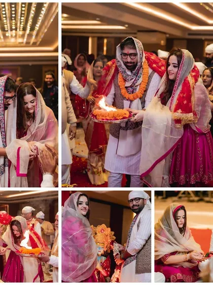 This collage documents the sacred rituals of the Mata ki Chowki. From performing the aarti together to receiving blessings, these are the spiritual moments that ground the entire wedding celebration.