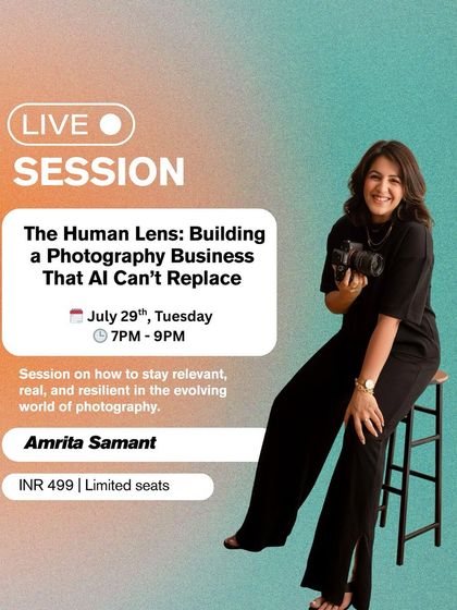 An announcement for a live session on building a photography business that AI can't replace, focusing on staying relevant and resilient.
