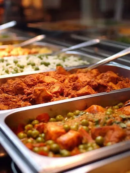 A close-up of our buffet, showcasing popular Indian main courses like a classic chicken curry and matar paneer, ready to be served.