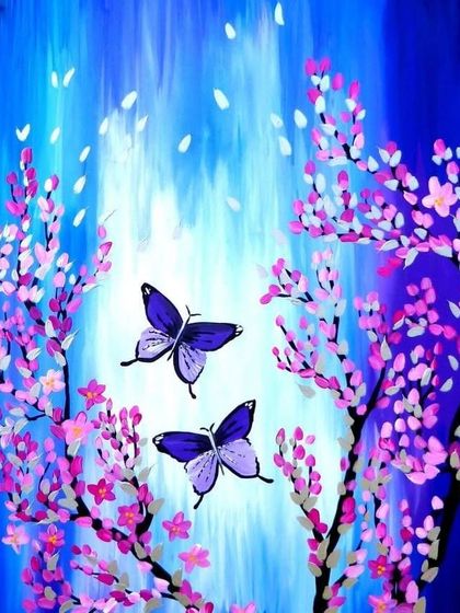 A beautiful painting of butterflies and cherry blossoms, representing the kind of guided art you can create in our workshops, no matter your skill level.