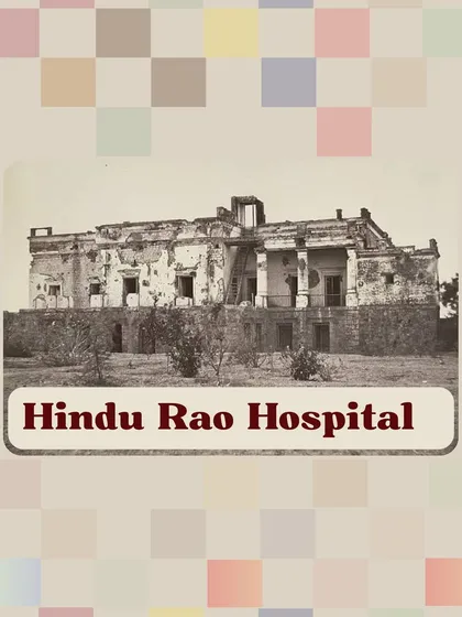 An archival photograph of Hindu Rao's house, now Hindu Rao Hospital, showing the damage from the 1857 revolt. The building served as a key British position on the Ridge during the siege.