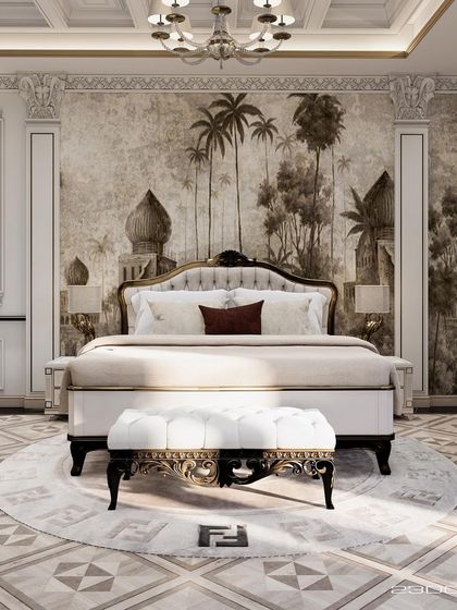 A frontal view of the classically themed bedroom, where the majestic bed is flanked by Corinthian-style columns and a coffered ceiling. The design transports you, creating a room that feels both grand and deeply personal.