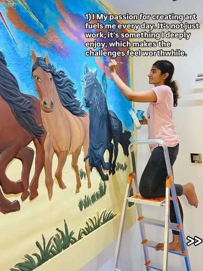 There is so much power and energy in this textured mural of running horses. Here I am on a ladder, adding details to bring the motion to life. Creating large-scale, dynamic pieces like this for a client's wall is a physical and creative challenge that I deeply enjoy.