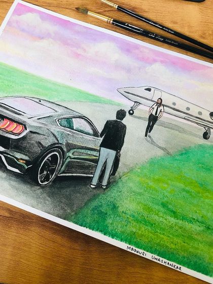 A client commissioned this piece to bring their dream to life on paper. This watercolor painting captures a scene with a car, a private jet, and a couple, turning a personal aspiration into a visual story.