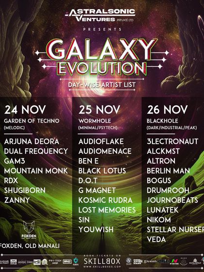 The day-wise artist list for Galaxy Evolution, a 3-day techno festival in Old Manali with different themes each day, from melodic to dark industrial techno.