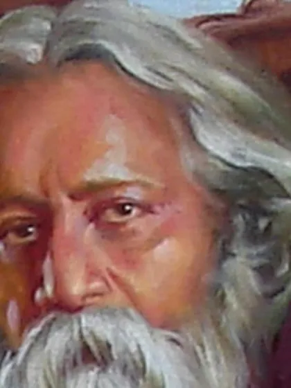 A close-up of the portrait of Rabindranath Tagore, aiming to capture his profound and poetic gaze.