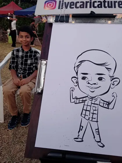 This young man is showing off his muscles in his caricature. I love creating fun, full-body drawings that reflect the subject's pose and attitude.