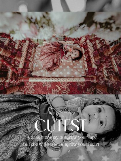 A creative collage from a naming ceremony, blending a color photo with a black and white close-up of the baby. The image captures the infant's innocent gaze and the festive setting.