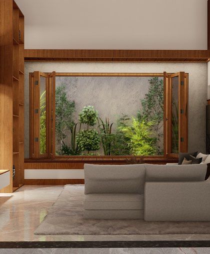 A balanced composition of the living room, showing the interplay between the modern TV unit and the traditional architectural elements.