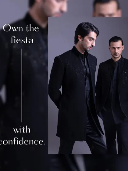 Two variations of black-on-black ceremonial wear, perfect for owning any fiesta with confidence. The subtle textures add depth and sophistication.