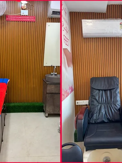 A view of the specialized service area in our Chandigarh salon, including a comfortable pedicure station and a private space for other beauty treatments.