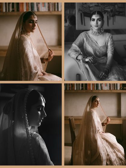 A collage of the bride's portraits, capturing her in various moods, both in color and black and white.