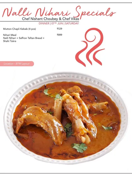 Experience the royal flavours of our Nalli Nihari Specials. This slow-cooked lamb shank curry is rich, aromatic, and falls off the bone, offering an authentic taste of Mughlai cuisine.