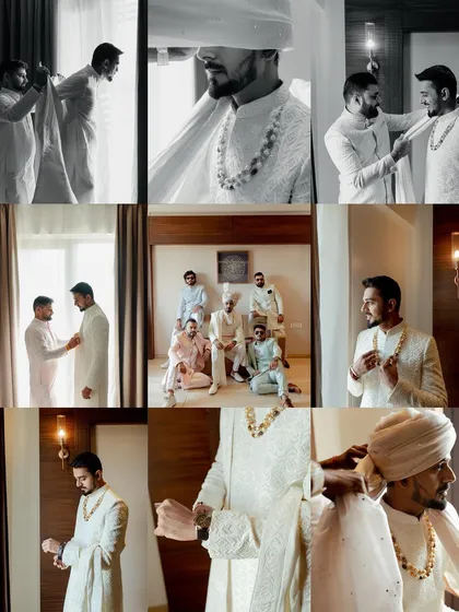 A collage dedicated to the groom and his groomsmen getting ready. It captures the moments of friendship, support, and final preparations before the ceremony.