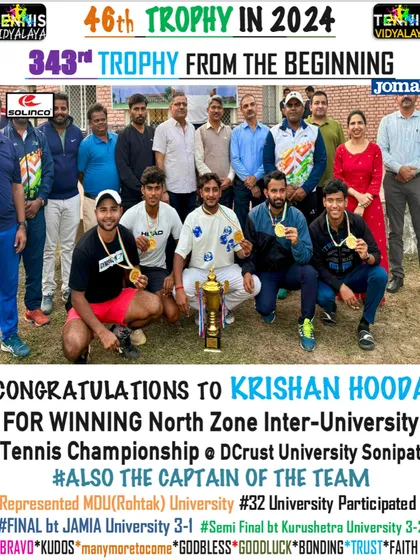 Congratulations to Krishan Hooda for winning the North Zone Inter-University Tennis Championship as the captain of the MDU Rohtak team.
