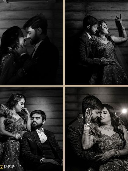 A beautiful collage of a couple's pre-wedding shoot. The groom looks dashing in his custom-tailored suit.
