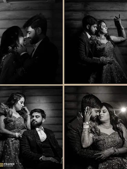 A collage of black and white photos from the same couple's photoshoot. The groom's three-piece suit looks timeless and elegant in these artistic shots.