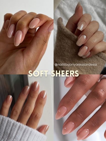 A collage showcasing "Soft Sheers," a collection of beautiful, translucent nude and pink polishes that enhance the natural nail for a clean, polished look.