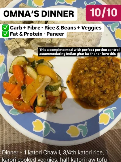 This is what my nutrition coaching looks like. A client sent me this picture of their dinner: rice, beans, veggies, and paneer. It's a perfect 10/10. I help you make smart choices with your everyday ghar ka khana, no fancy diets needed.