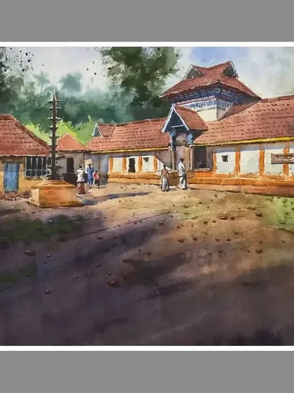 A watercolour painting capturing the serene atmosphere of a temple courtyard in Kochi. I love using watercolours for landscapes to play with light and capture the unique vibe of a place.