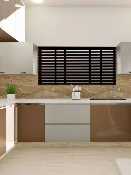 A 3D render of a U-shaped modular kitchen. The design uses a two-tone color scheme of brown and white, with a marble-patterned backsplash for a touch of elegance.